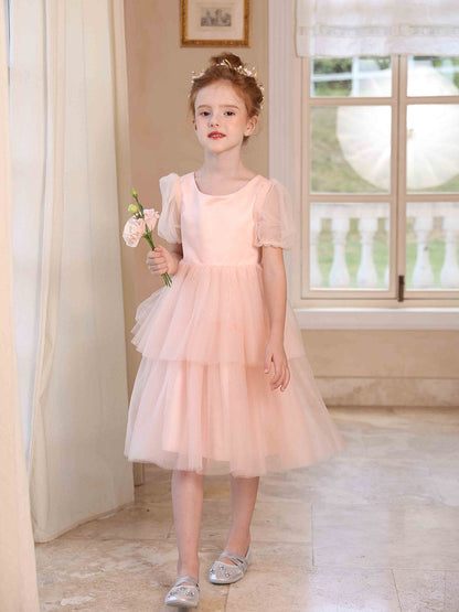 Robe Princesse Col Rond Manches Bouffantes pour Petite Fille d'Honneur avec Tulle Superposé