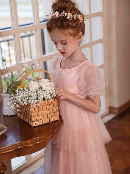 Robe Princesse Col Rond Manches Bouffantes pour Petite Fille d'Honneur avec Tulle Superposé
