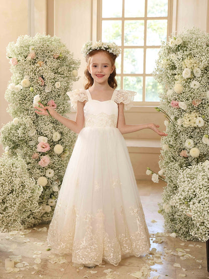 Robe Princesse Col Rond Manches Volantes pour Petite Fille d'Honneur avec Appliques