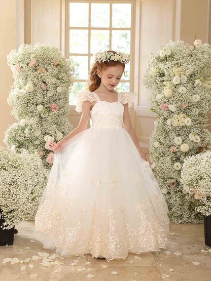 Robe Princesse Col Rond Manches Volantes pour Petite Fille d'Honneur avec Appliques