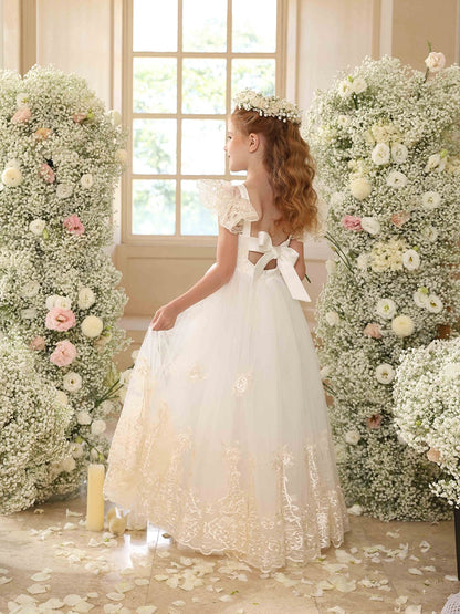 Robe Princesse Col Rond Manches Volantes pour Petite Fille d'Honneur avec Appliques