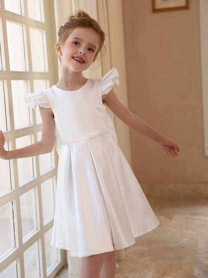 Robe Princesse Col Rond Manches Volantes pour Petite Fille d'Honneur avec Ceinture