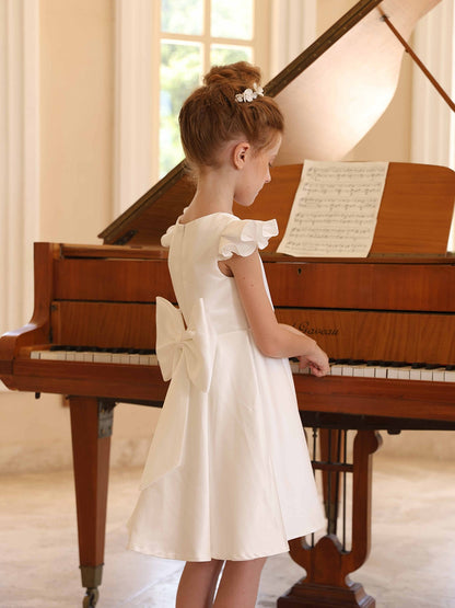 Robe Princesse Col Rond Manches Volantes pour Petite Fille d'Honneur avec Ceinture