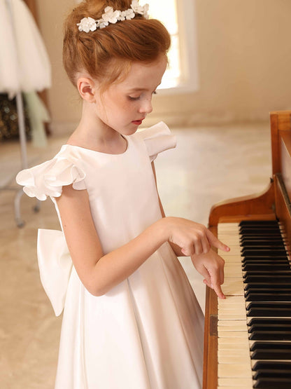 Robe Princesse Col Rond Manches Volantes pour Petite Fille d'Honneur avec Ceinture
