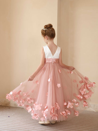 Robe Princesse Col Rond sans Manches pour Petite Fille d'Honneur avec Appliques