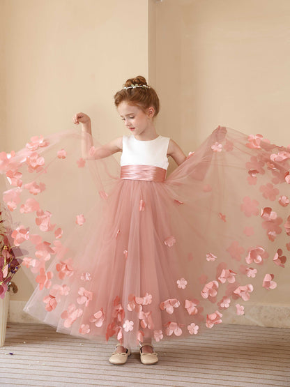 Robe Princesse Col Rond sans Manches pour Petite Fille d'Honneur avec Appliques