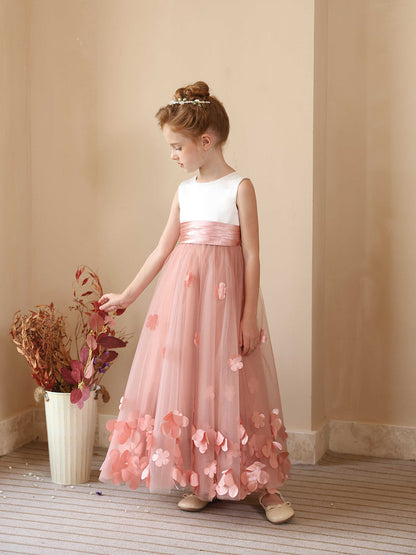 Robe Princesse Col Rond sans Manches pour Petite Fille d'Honneur avec Appliques