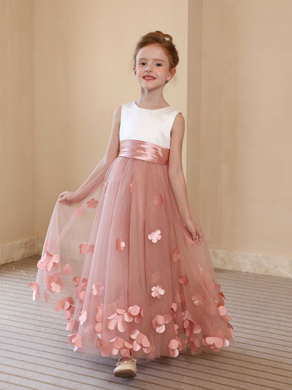 Robe Princesse Col Rond sans Manches pour Petite Fille d'Honneur avec Appliques