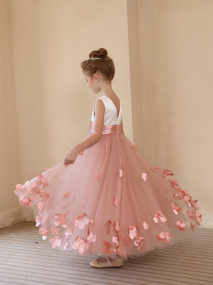 Robe Princesse Col Rond sans Manches pour Petite Fille d'Honneur avec Appliques