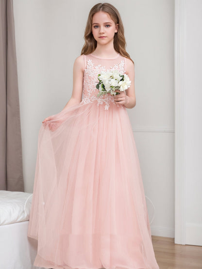 Robes de Demoiselled'Honneur Junior Sans Manches, Coupe A-Line/Princesse, Décolleté Plongeant avec Appliques