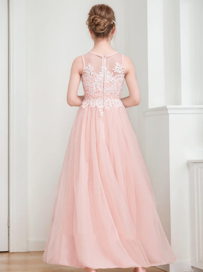 Robes de Demoiselled'Honneur Junior Sans Manches, Coupe A-Line/Princesse, Décolleté Plongeant avec Appliques