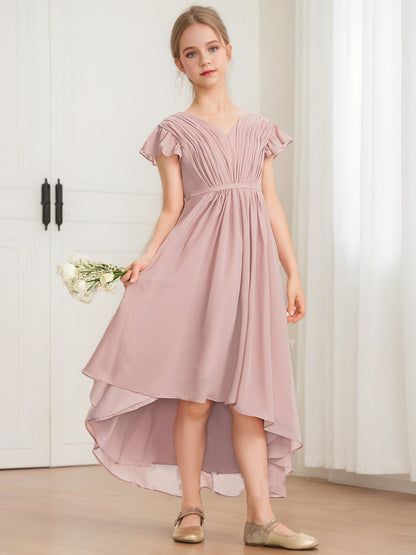 Robe de Demoiselled'Honneur Junior Coupe A-Line/Princesse, Col en V, Manches Courtes, Nœud
