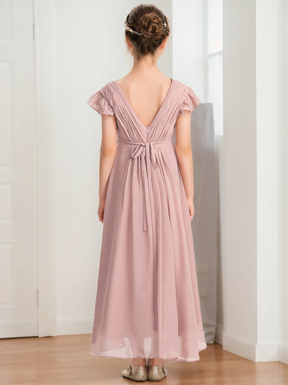 Robe de Demoiselled'Honneur Junior Coupe A-Line/Princesse, Col en V, Manches Courtes, Nœud