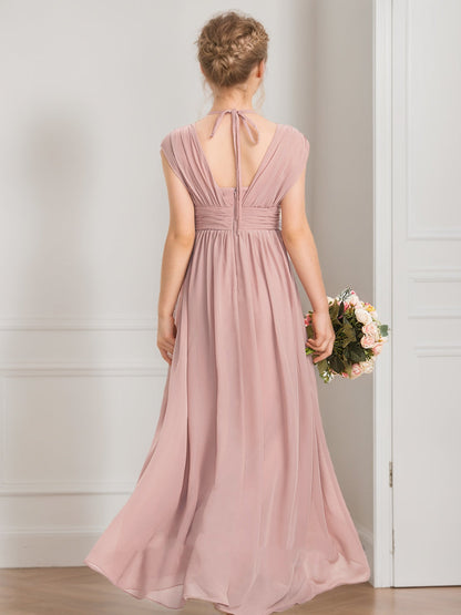 Robes de Demoiselled'Honneur Junior Coupe A-Line/Princesse, Col en V, Sans Manches avec Nœud