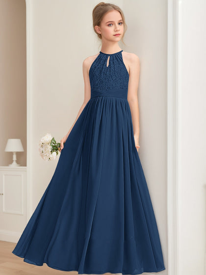 Robes de Demoiselled'Honneur Junior en Dentelle, Coupe A-Line/Princesse, Col Licou, Sans Manches