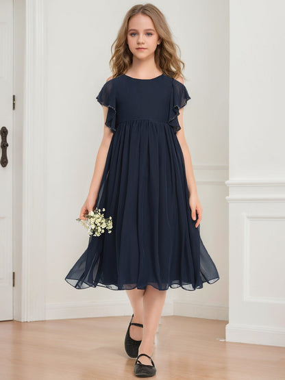 Robes de Demoiselled'Honneur Junior à Manches Courtes et Col en V, Coupe Princesse avec Perles