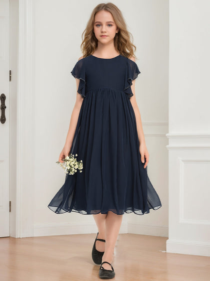 Robes de Demoiselled'Honneur Junior à Manches Courtes et Col en V, Coupe Princesse avec Perles