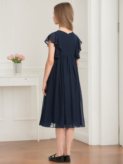 Robes de Demoiselled'Honneur Junior à Manches Courtes et Col en V, Coupe Princesse avec Perles