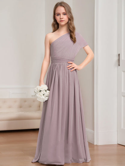 Robes de Demoiselled'Honneur Junior Asymétriques à Une Épaule, Coupe A-Line/Princesse, Froncées