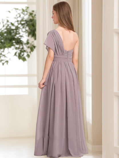 Robes de Demoiselled'Honneur Junior Asymétriques à Une Épaule, Coupe A-Line/Princesse, Froncées