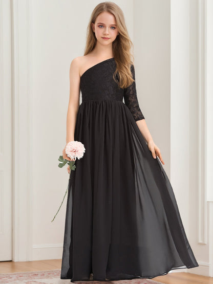 Robes de Demoiselled'Honneur Junior Asymétriques en Dentelle, Coupe A-Line/Princesse, à Une Épaule