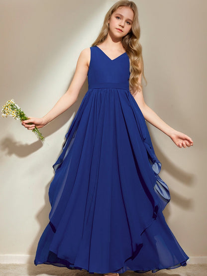 Robe de Demoiselled'Honneur Junior Coupe A-Line/Princesse, Col en V, Sans Manches, à Volants