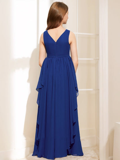 Robe de Demoiselled'Honneur Junior Coupe A-Line/Princesse, Col en V, Sans Manches, à Volants
