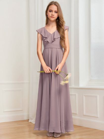 Robe de Demoiselled'Honneur Junior Coupe A-Line/Princesse, Col en V, Sans Manches, à Volants