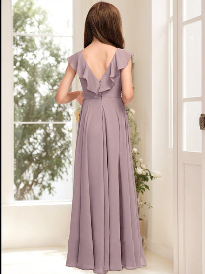 Robe de Demoiselled'Honneur Junior Coupe A-Line/Princesse, Col en V, Sans Manches, à Volants