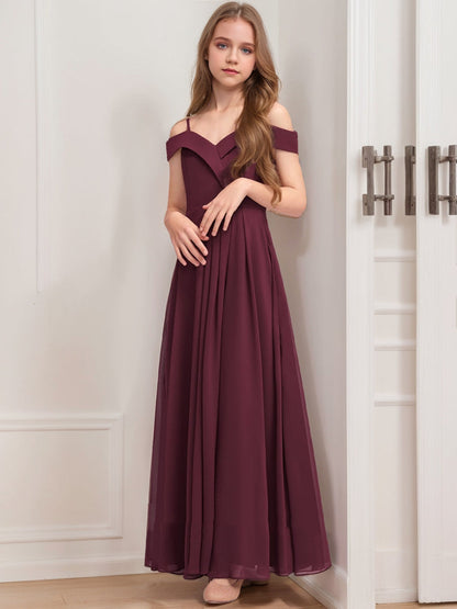 Robe de Demoiselled'Honneur Junior à Manches Courtes et Épaules Dénudées, Coupe Trapèze/Princesse, Plissée