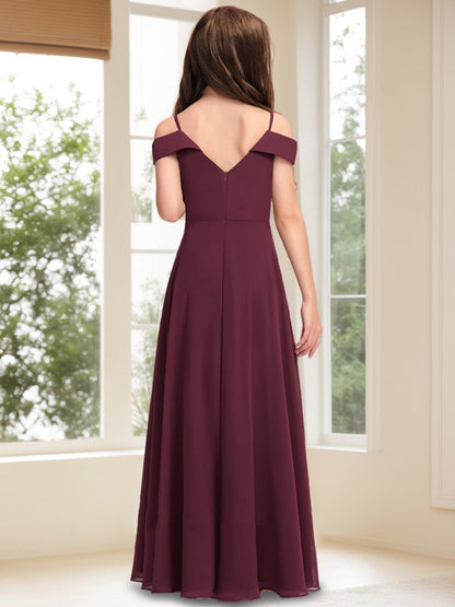Robe de Demoiselled'Honneur Junior à Manches Courtes et Épaules Dénudées, Coupe Trapèze/Princesse, Plissée