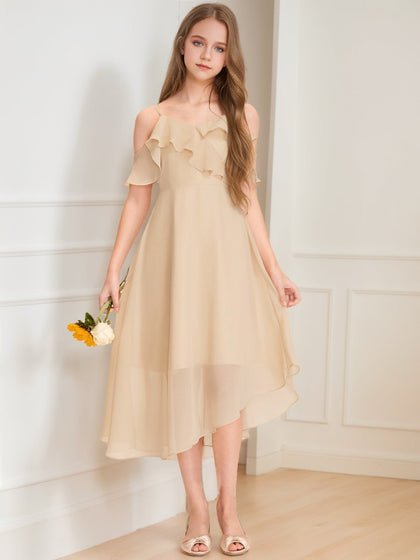 Robe de Demoiselled'Honneur Junior Coupe A-Line/Princesse, Épaules Dénudées, Manches Courtes, Volants
