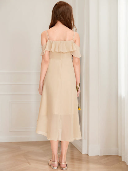 Robe de Demoiselled'Honneur Junior Coupe A-Line/Princesse, Épaules Dénudées, Manches Courtes, Volants