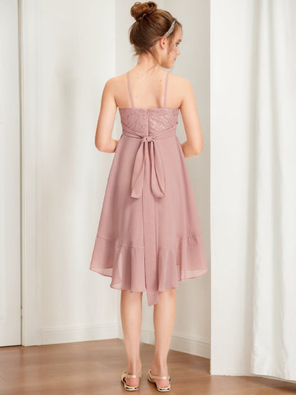 Robes de Demoiselled'Honneur Junior en Dentelle, Coupe A-Line/Princesse, Col Licou, Sans Manches