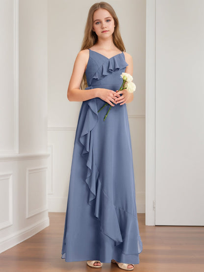 Robe de Demoiselled'Honneur Junior Coupe A-Line/Princesse, Col en V, Sans Manches, à Volants