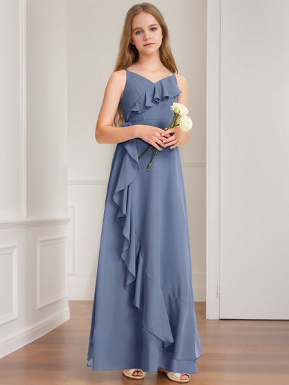 Robe de Demoiselled'Honneur Junior Coupe A-Line/Princesse, Col en V, Sans Manches, à Volants