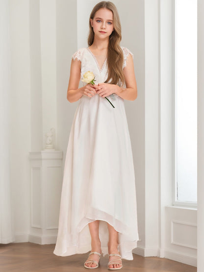 Robes de Demoiselled'Honneur Junior en Dentelle, Coupe A-Line/Princesse, Col en V, Manches Courtes