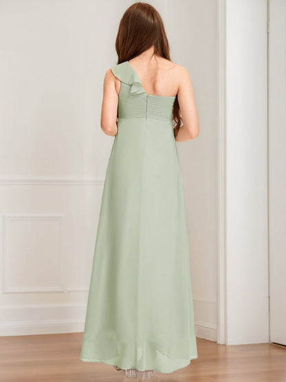 Robes de Demoiselled'Honneur Junior, Coupe A-Line/Princesse, Asymétrique, Sans Manches, à Volants