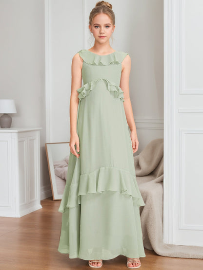 Robes de Demoiselled'Honneur Junior Sans Manches, Coupe A-Line/Princesse, Décolleté Plongeant, Volants