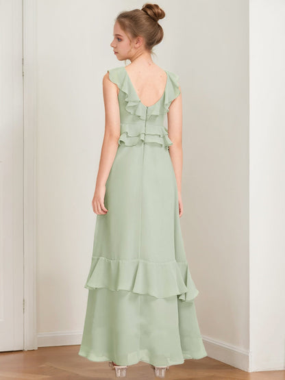 Robes de Demoiselled'Honneur Junior Sans Manches, Coupe A-Line/Princesse, Décolleté Plongeant, Volants