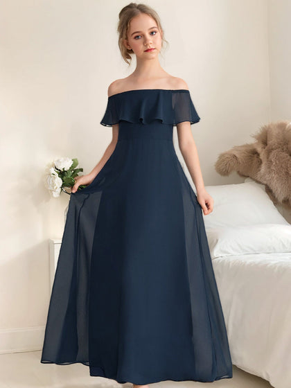 Robes de Demoiselled'Honneur Junior à Volants, Coupe A-Line/Princesse, Épaules Dénudées, Manches Courtes