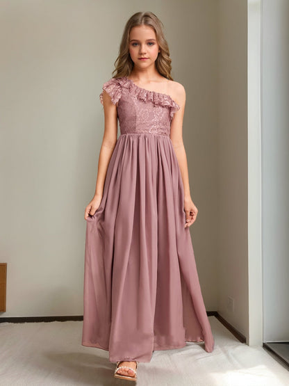 Robes de Demoiselled'Honneur Junior Asymétriques en Dentelle, Coupe A-Line/Princesse, à Une Épaule