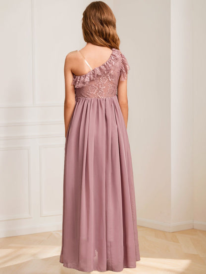 Robes de Demoiselled'Honneur Junior Asymétriques en Dentelle, Coupe A-Line/Princesse, à Une Épaule