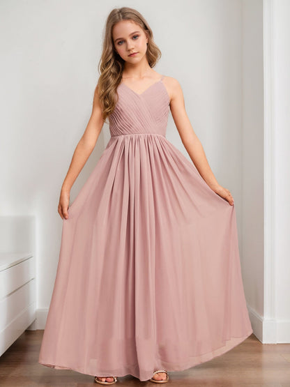 Robe de Demoiselled'Honneur Junior à Plis, Coupe A-Line/Princesse, Col en V, Sans Manches