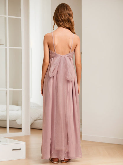 Robe de Demoiselled'Honneur Junior à Plis, Coupe A-Line/Princesse, Col en V, Sans Manches