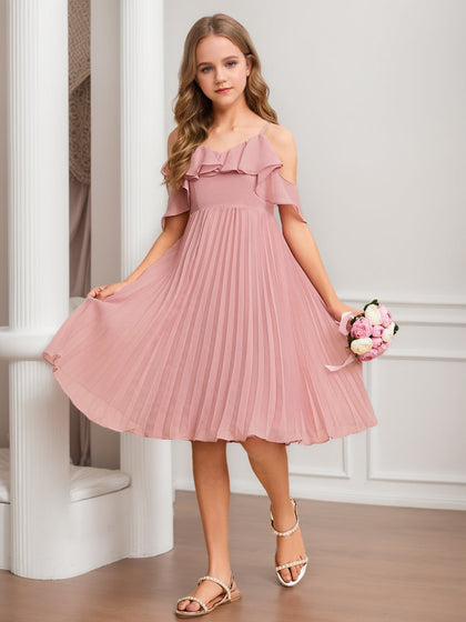 Robe de Demoiselled'Honneur Junior Coupe A-Line/Princesse, Épaules Dénudées, Manches Courtes, Volants