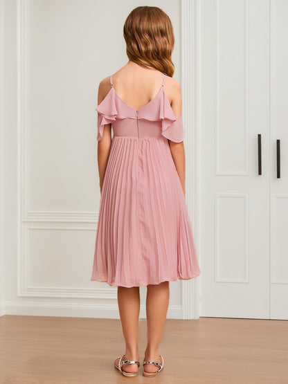 Robe de Demoiselled'Honneur Junior Coupe A-Line/Princesse, Épaules Dénudées, Manches Courtes, Volants