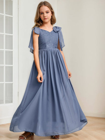 Robes de Demoiselled'Honneur Junior Coupe A-Line/Princesse, Col en V, Sans Manches avec Nœud