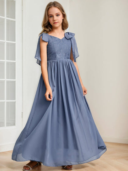 Robes de Demoiselled'Honneur Junior Coupe A-Line/Princesse, Col en V, Sans Manches avec Nœud