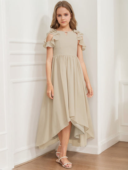 Robes de Demoiselled'Honneur Junior Sans Manches, Coupe A-Line/Princesse, Décolleté Plongeant, Volants